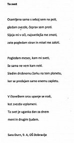 Sara Durn, 9. r., Ta svet